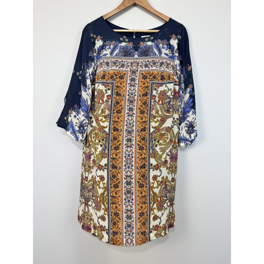 Anthropologie Maeve Dress Women's 4 Multicolor Silk Floral Boho Shift 3/4 Sleeve